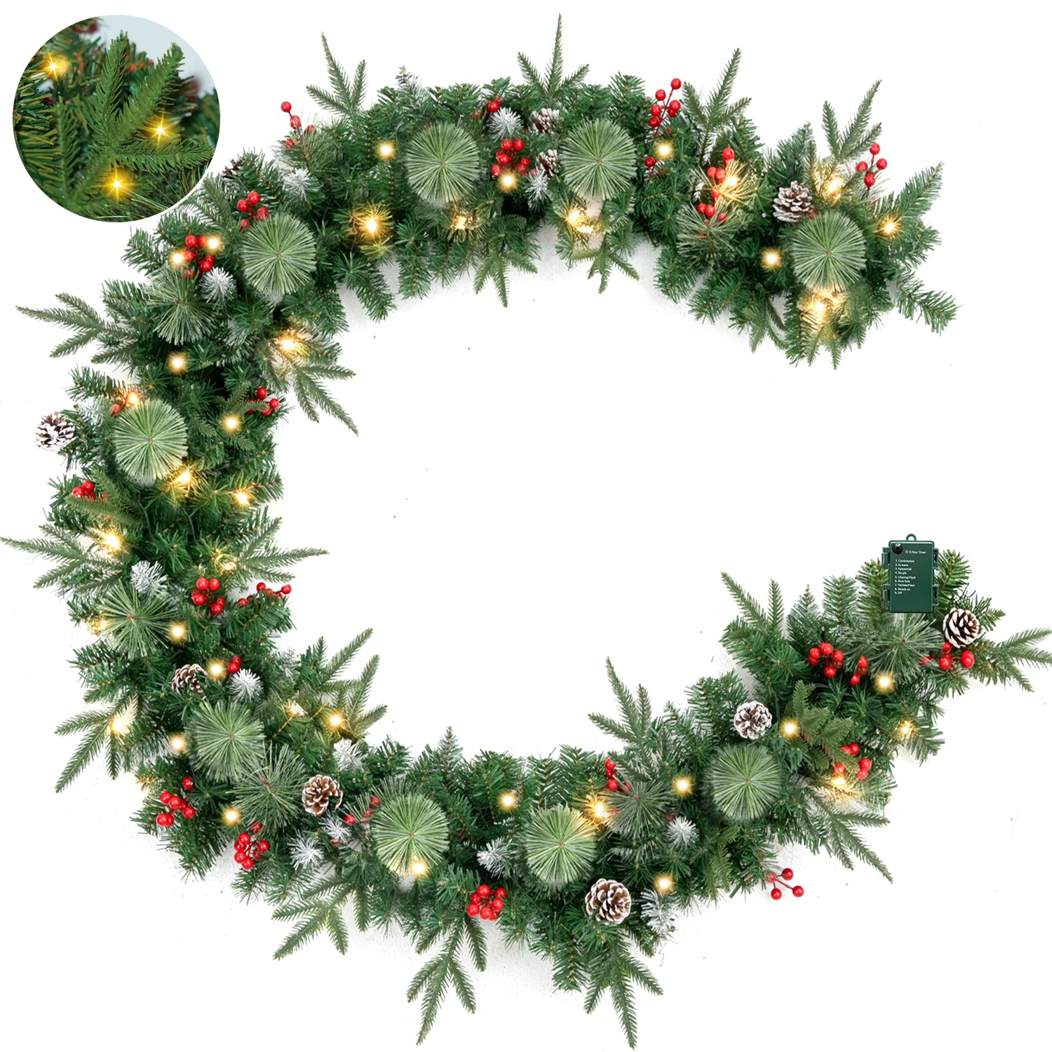 9 ft Pre-Lit Christmas Garland with Timer, 80 LED Lights, 8 Modes